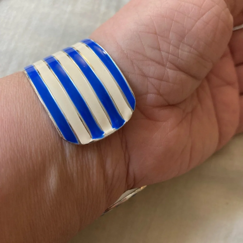 Blue and White Enameled Striped Cuff Bracelet Nautical Summer‎ - Picture 3 of 6